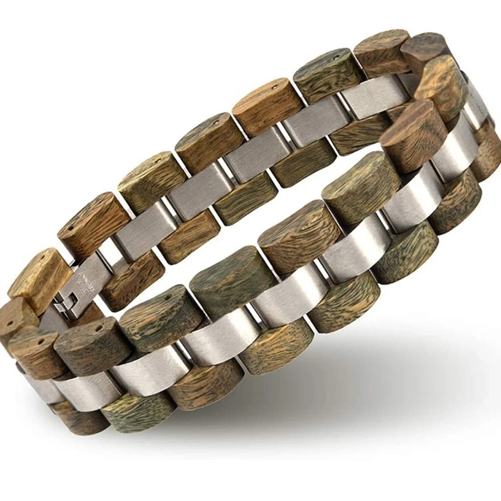 Mens GREEN Wood & Stainless Steel Combined Wooden bracelet *NEW* ARRIVES NEW